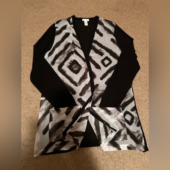Chico’s Cardigan Travelers Open Front Women Size 2 Large Abstract Pockets Black - Picture 1 of 10